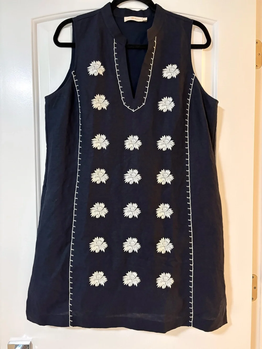 Tory Burch Navy Sleeveless Shift Dress with White Floral Embroidery